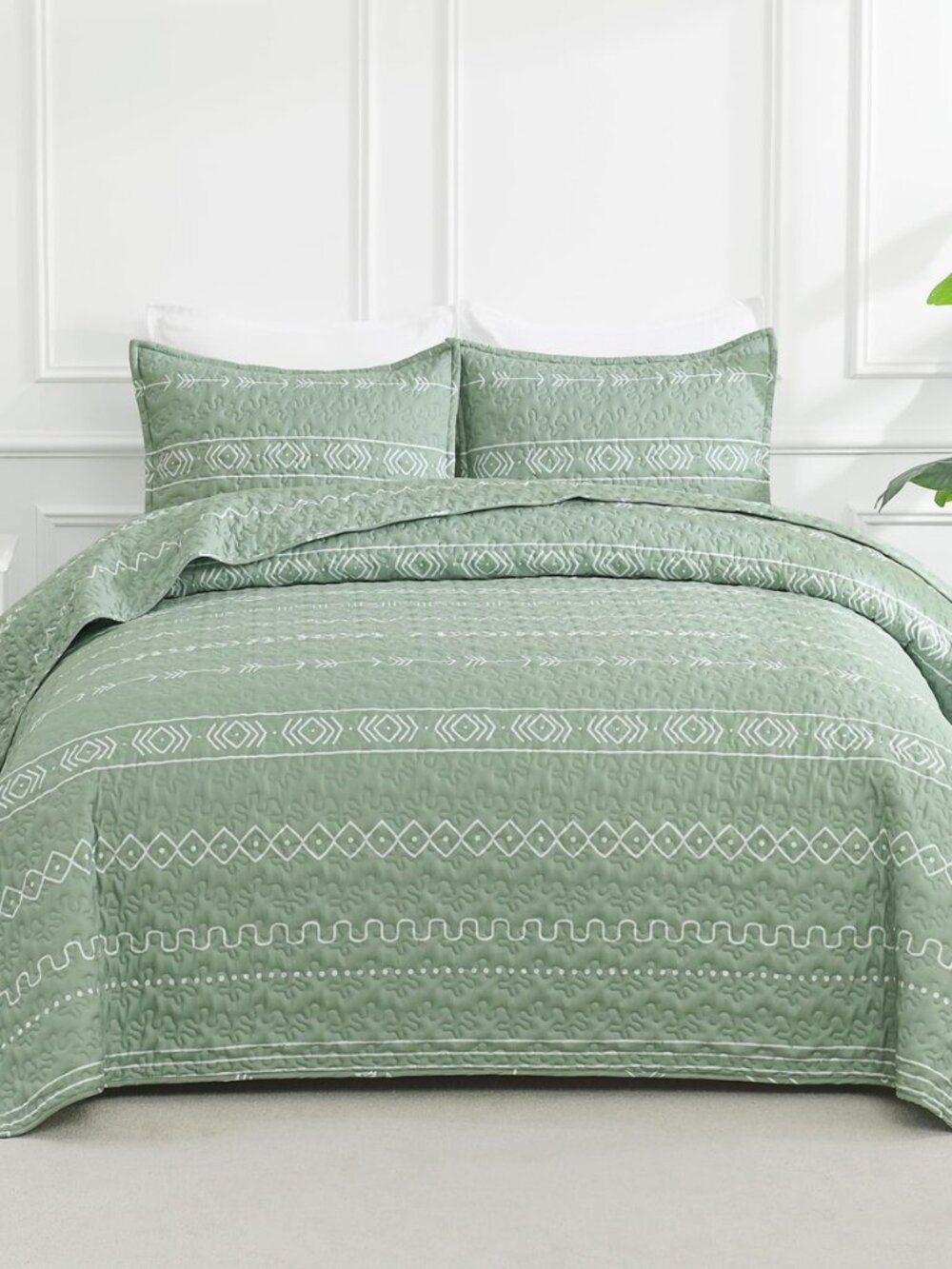 Sage Green Twin Quilt Set, 2 Pieces Boho Striped Bedspread